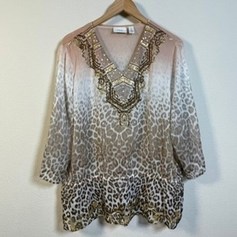 Chico's Leopard Print Beaded V-Neck Blouse Women's 3 XL Tan Boho Animal Tunic